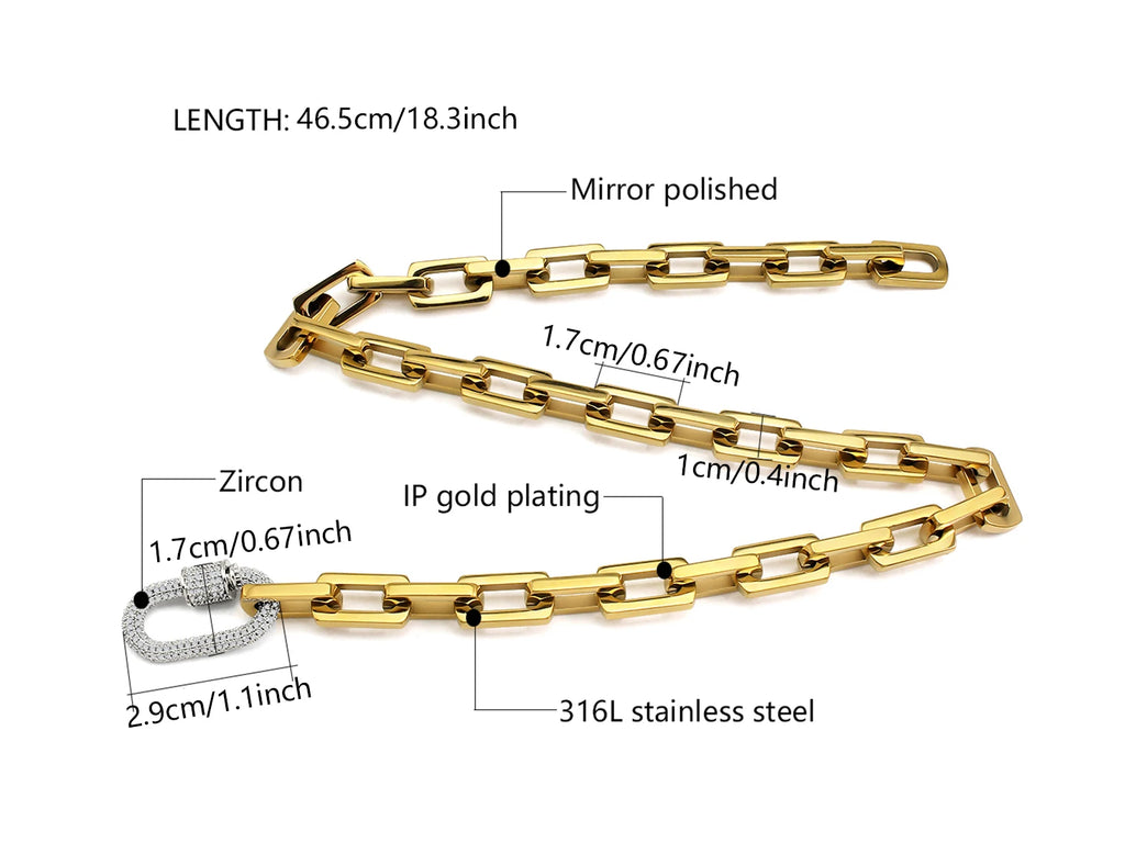 18K Gold & Silver Chunky Paperclip Chain Necklace | Zircon Carabiner Lock Minimalist Jewelry