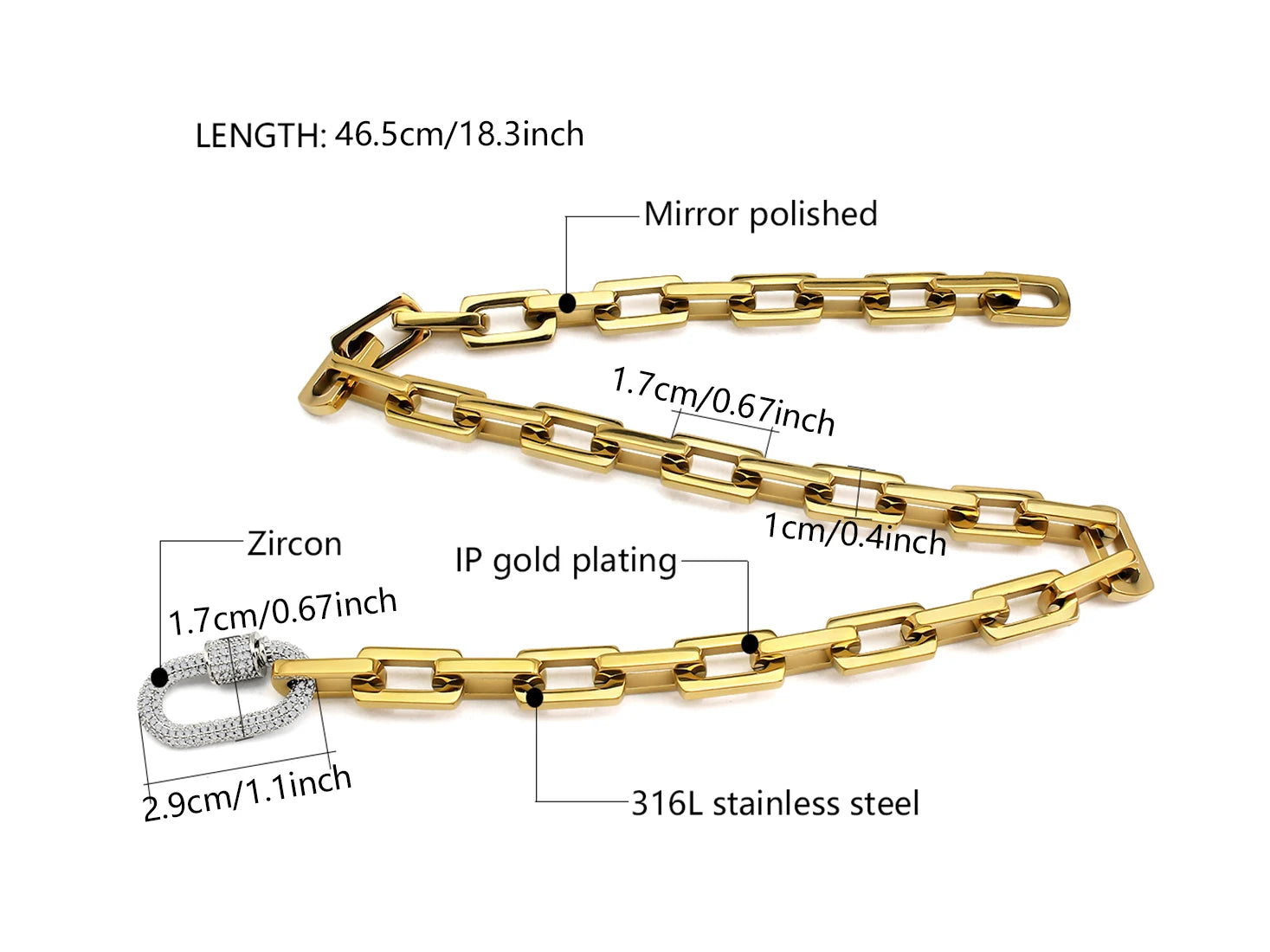 18K Gold & Silver Chunky Paperclip Chain Necklace | Zircon Carabiner Lock Minimalist Jewelry