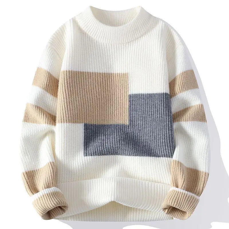 Autumn Winter New Men Sweater Mock Neck Patchwork Contrast Color Trend Youth Fashion Thicken Long Sleeve Pullovers Knitted Tops