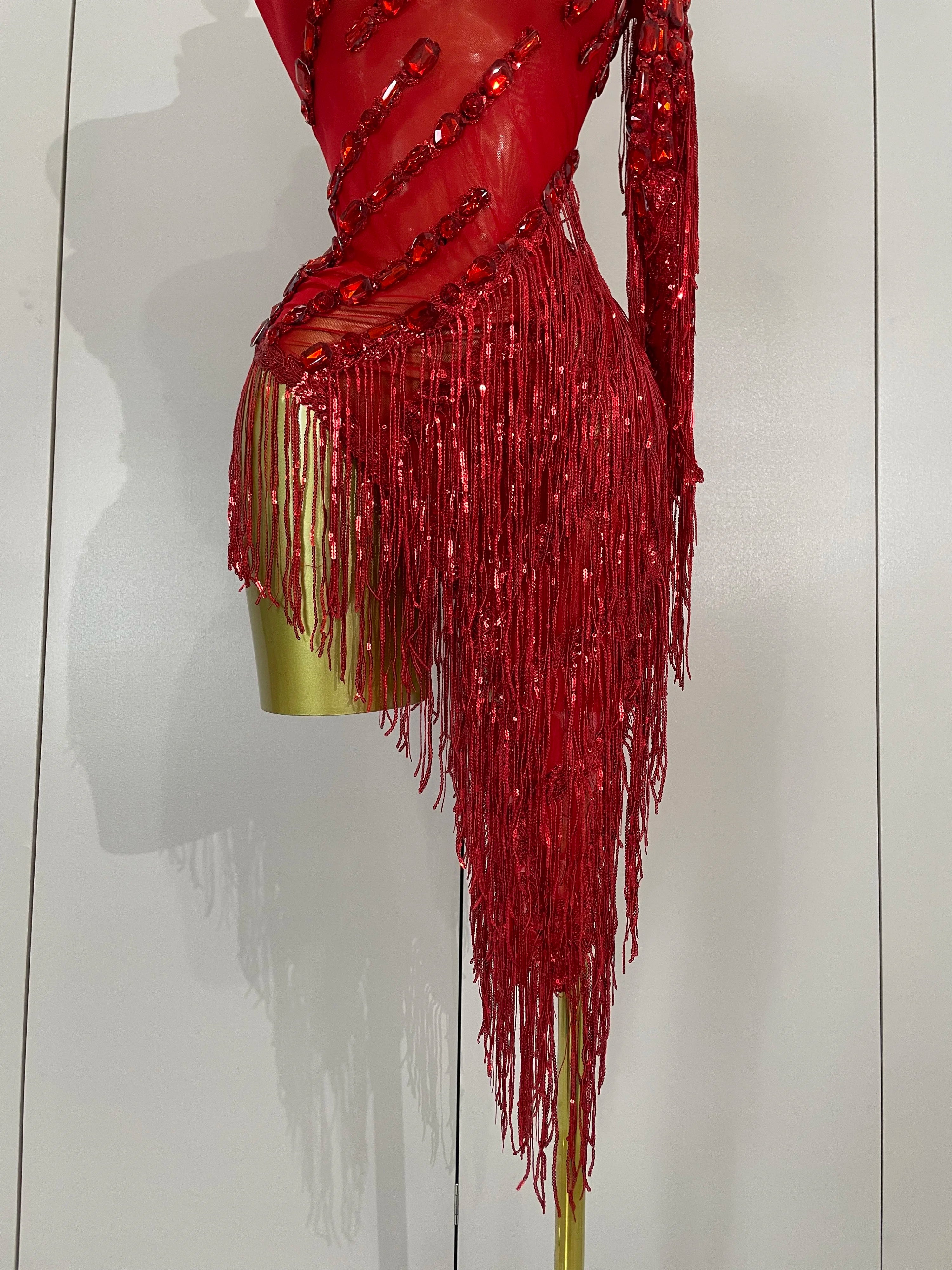 New Stage Costume Sparkly Rhinestones Tassel Sexy See-Through Dress Women One Shoulder Latin Dance Bars Nightclub Party Outfits