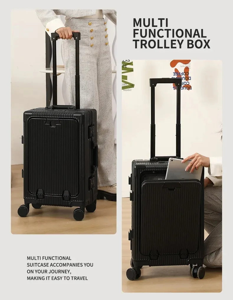 Suitcase Front Opening Pocket Aluminum Alloy Frame Rolling Luggage with USB Charging Plug Trolley Carry-on Case Bag with Wheel