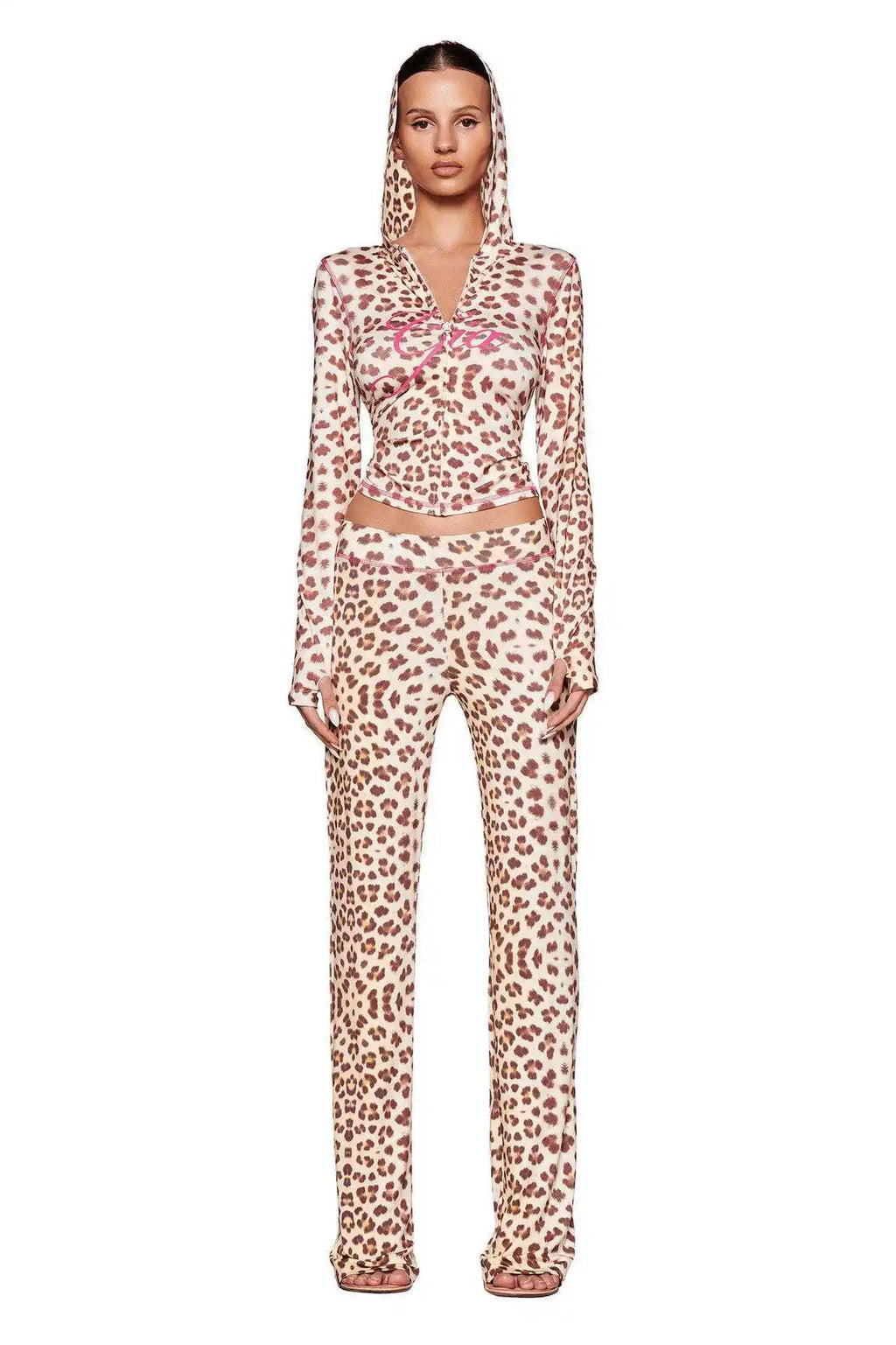 New cross-border INS fashion print trendy street casual leopard print zipper long-sleeved coat and pants set