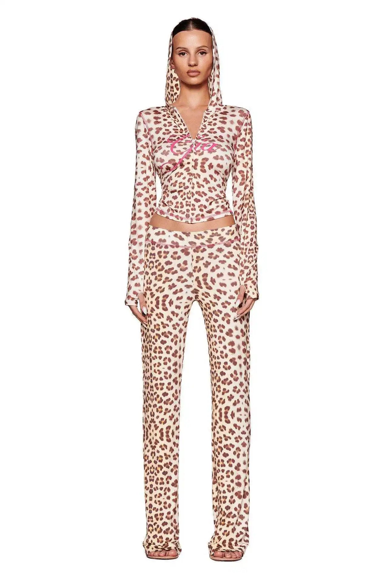New cross-border INS fashion print trendy street casual leopard print zipper long-sleeved coat and pants set
