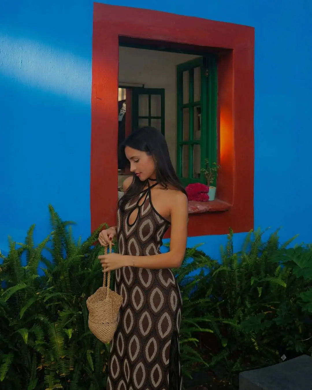 Tossy Knit Printed Hollow Out Long Dress Women Bandage Backless Contrast Beach Holiday Dress Clothes Female Boho Knitwear Dress