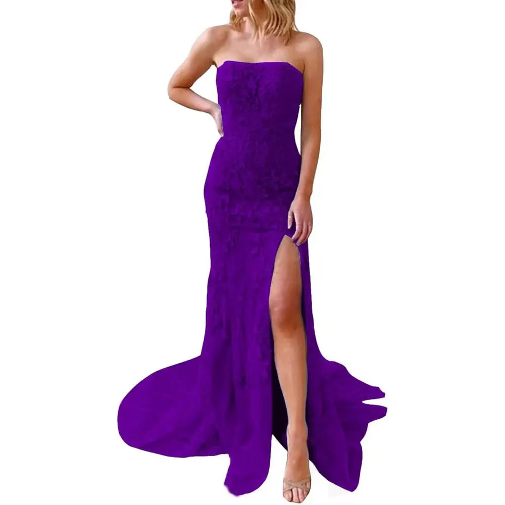 Customized Lace Appliques Strapless Prom Dresses Sexy Mermaid Side Slit Formal Evening Party Gowns Vestido De Fiesta