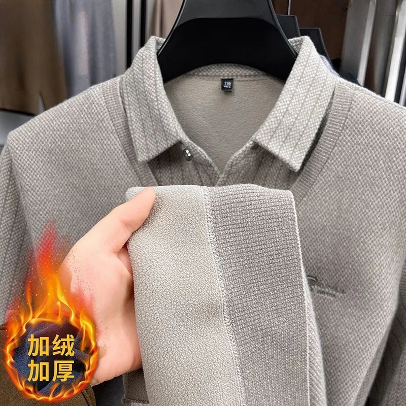 Men's Plush Sweater Autumn Winter Fashion Button Lapel Striped Pullovers Business Casual Fleece Lined Knitted Thickened Sweaters