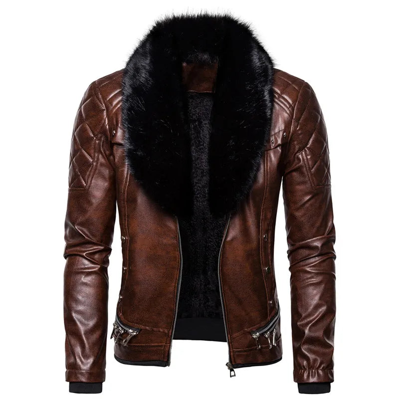 New Winter Fleece Motorcycle Leather Jacket Men Turn Down Fur Collar Slim Fit Warm PU Bomber Jackets Coats Mens Moto Biker Coat