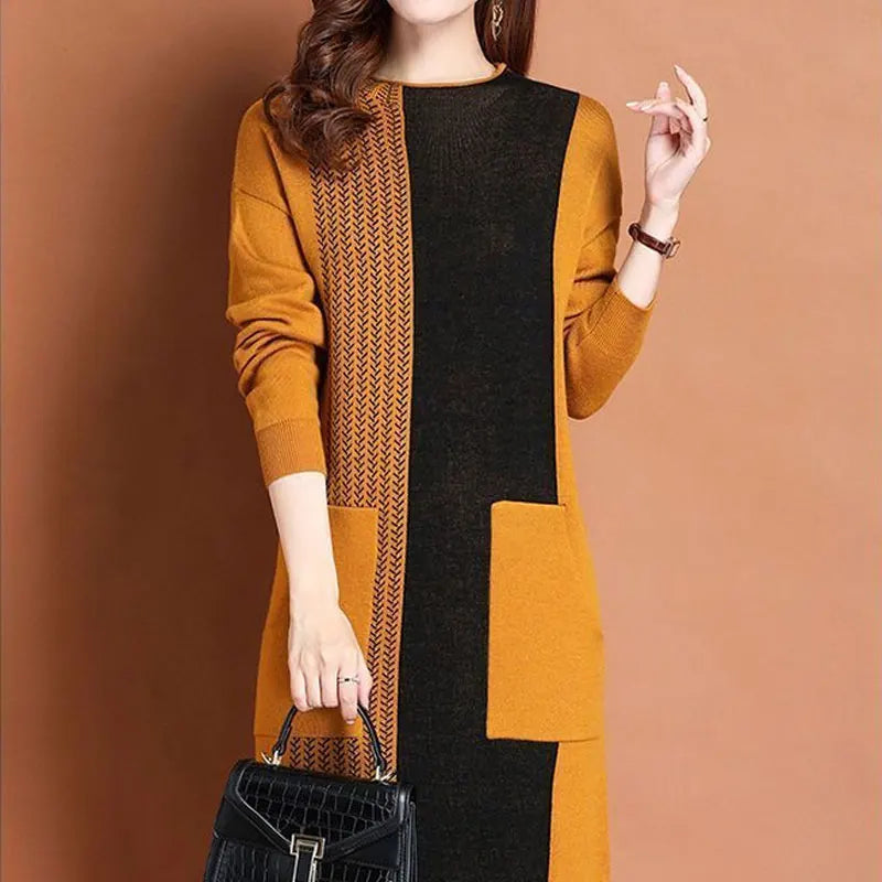 Vintage Spliced Printed Knitted Dresses Autumn Winter Casual O-Neck Women's Clothing Fashion Pockets All-match A-Line Midi Dress