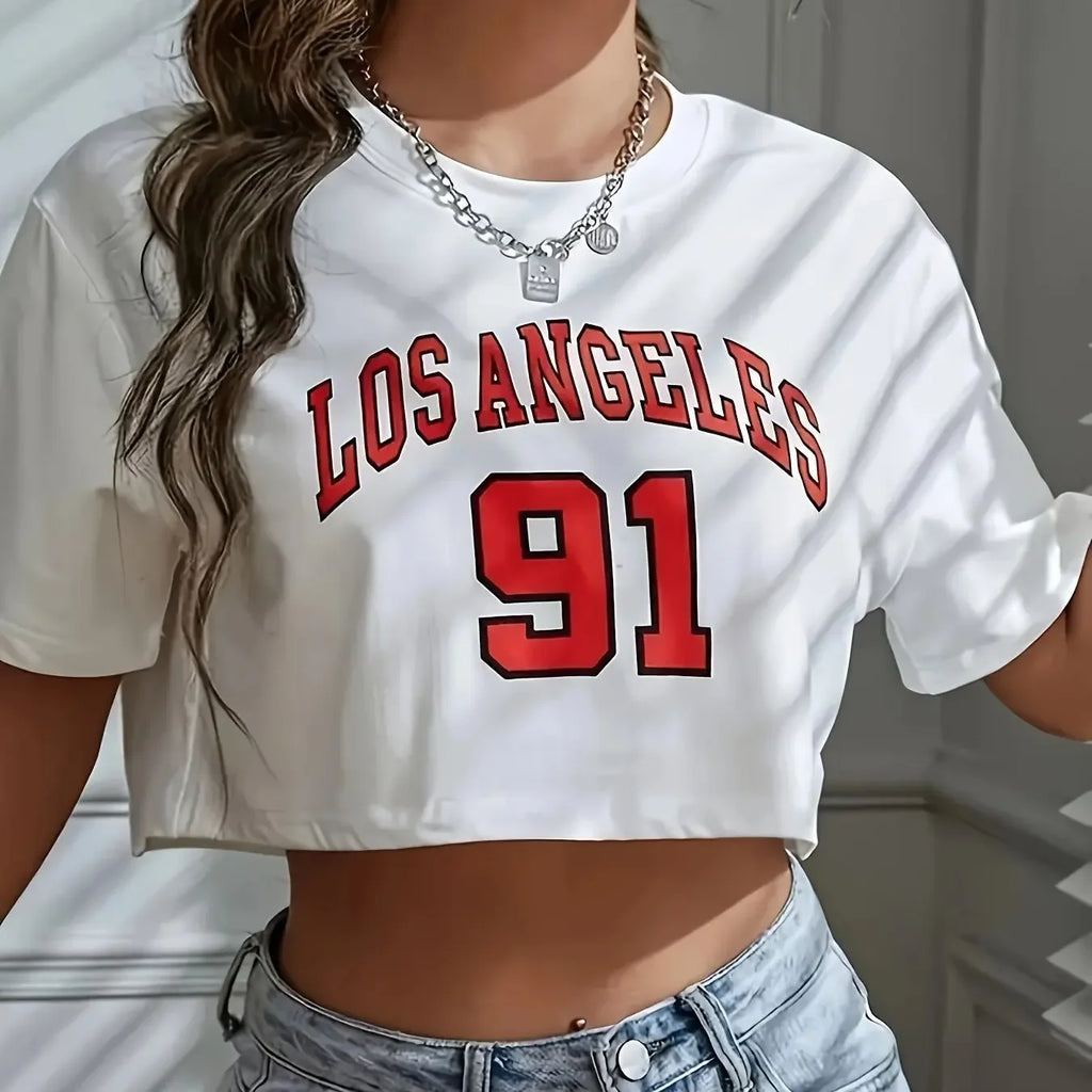 Women’s “Los Angeles 91” Graphic Crop Top – Round Neck Sports Tee, Casual Workout Activewear