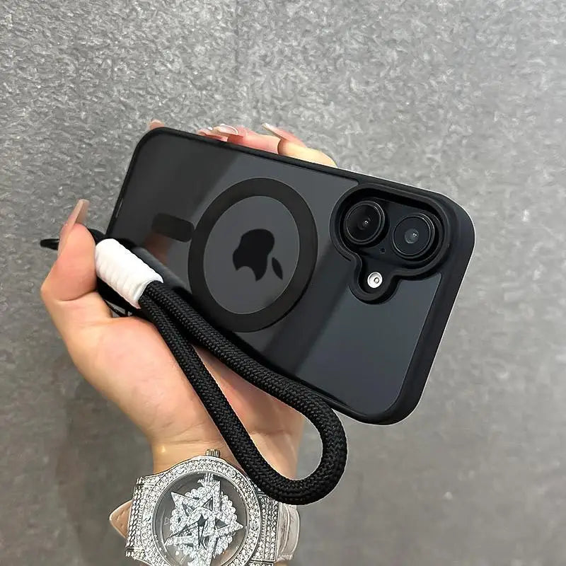 Luxury With Lanyard Clear For Magsafe Phone Case For iPhone 14 11 12 13 15 16 17Pro Max Shockproof Armour Wrist Strap Back Cover
