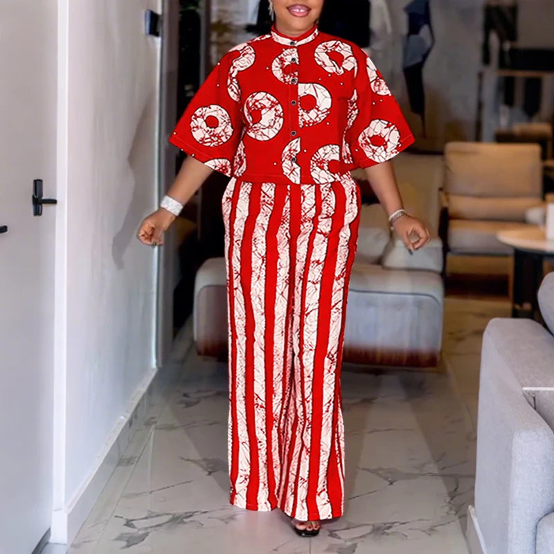 5XL VONDA Plus Size 2 Piece Outfits Autumn Women Bohemian 3/4 Sleeve Fashion Shirts Wide Leg Pants Print Vintage Pant Sets 2PCS