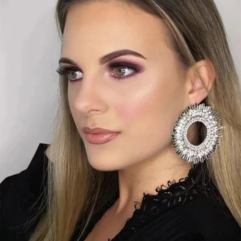 Big Round Rhinestone Dangle Earrings | Shiny Alloy Statement Jewelry for Women