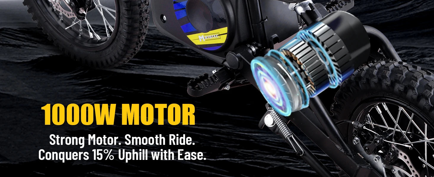 KOOZ HP112E 36V 1000W Electric Dirt Bike for Kids, 3 Speed Modes Teen Electric Motorcycle Up to 18 MPH & 15 Miles Long-Range