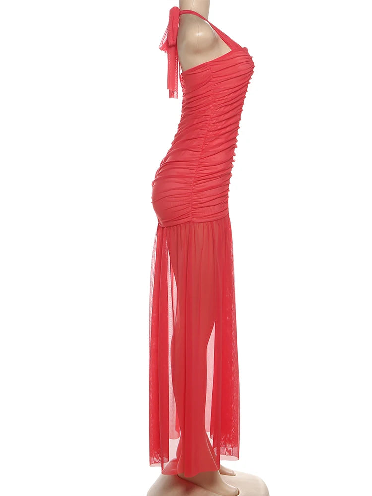 Nibber See Through Hem Dress Women Ruched Halter Summer Trend Sleeveless Backless Patchwork Midnight Clubwear Party Maxi Bodycon