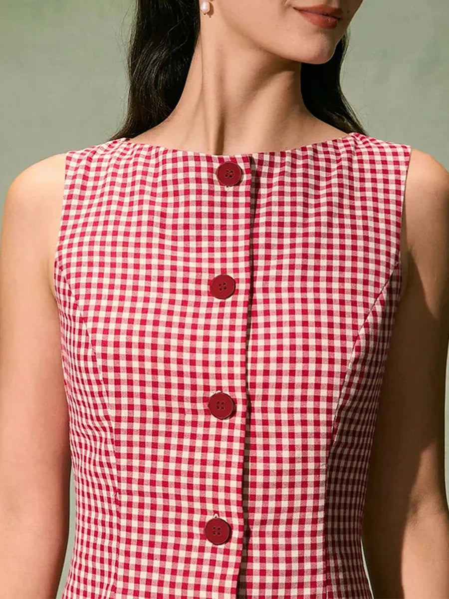 Summer Women Button Up Cocktail Dress Summer Mini Plaid Tank Skinny Dress Female Sleeveless Round Neck Bodycon Dresses Clothes