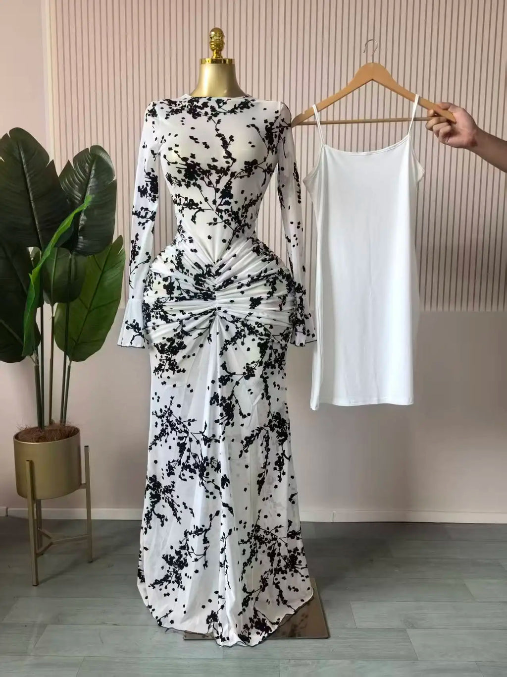 CM.YAYA Women Long Sleeve Stacked Mesh See Though with Lining Bodycon Long Dress 2025 Autumn Evening Birthday Sexy Party Dresses