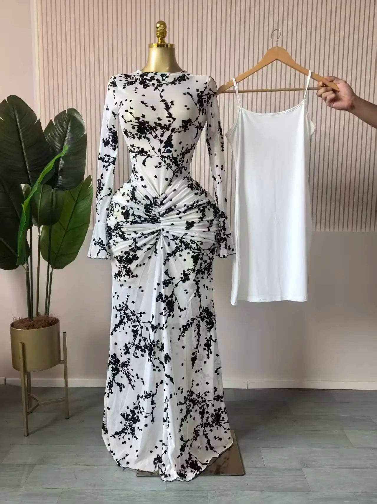 CM.YAYA Women Long Sleeve Stacked Mesh See Though with Lining Bodycon Long Dress 2025 Autumn Evening Birthday Sexy Party Dresses