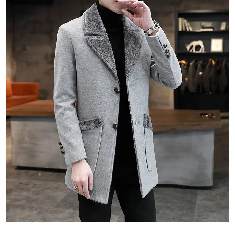 2025 Winter Men Plush Jacket Turn Down Collar Pocket Male Coat Single-breasted Long Sleeve Mid Length Business Man OverCoat