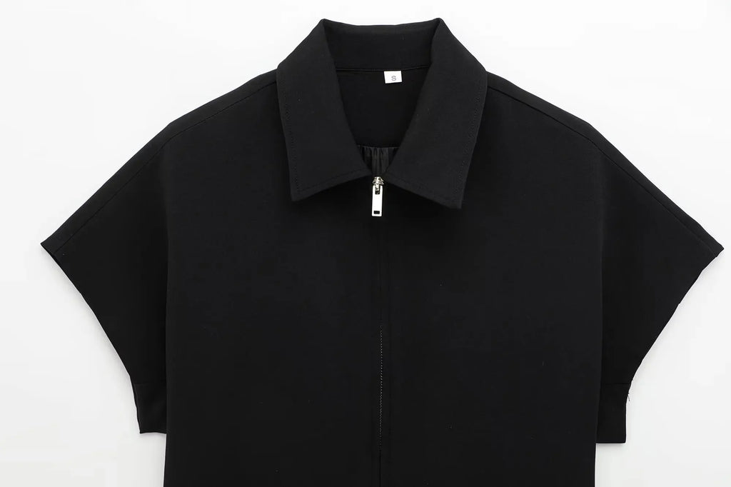 TFMLN Fashion Set For Women Summer 2025 New Slim Lapel Zipper Short Sleeve Coat Top Wide Leg Pants Two Piece Set Leisure Black