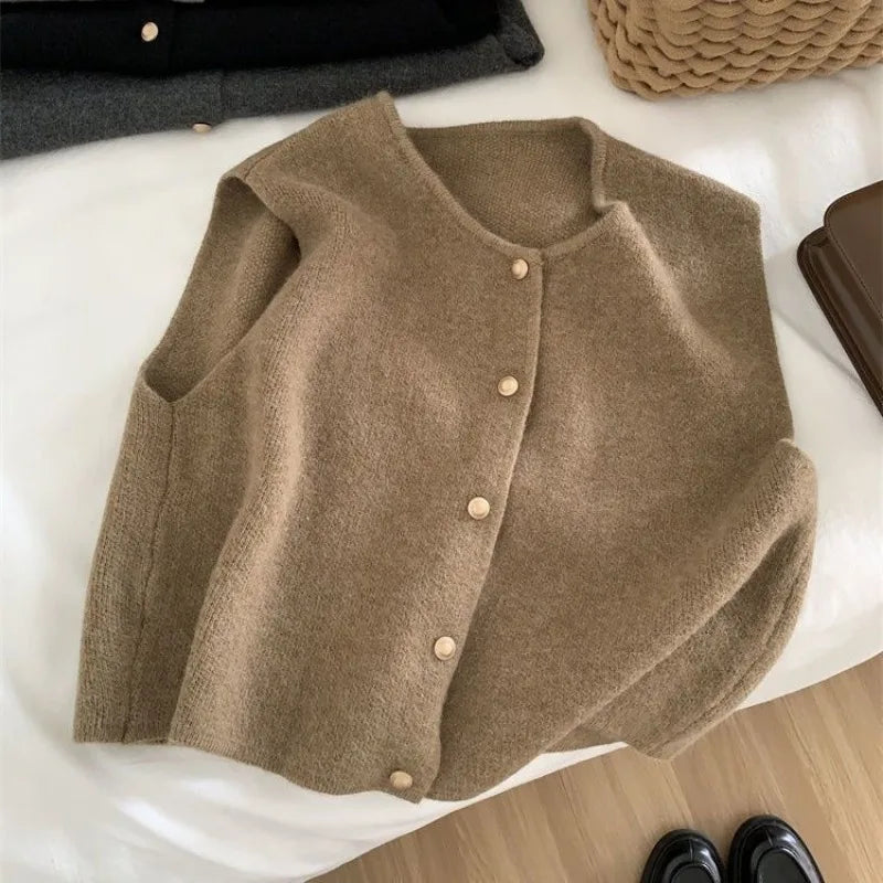 Crew Neck Women's Korean Solid Button Short Sleeve Cardigan Coats Sweater Knitted Sleeveless Ladies Elegant Tanks Bottoming