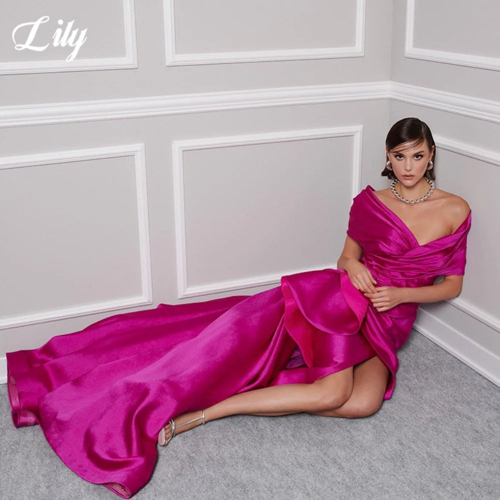 Lily Red Elegant Prom Gown V-Neck Off the Shoulder Party Dress for Woman Satin Pleating Side Split Evening Dresses Customized