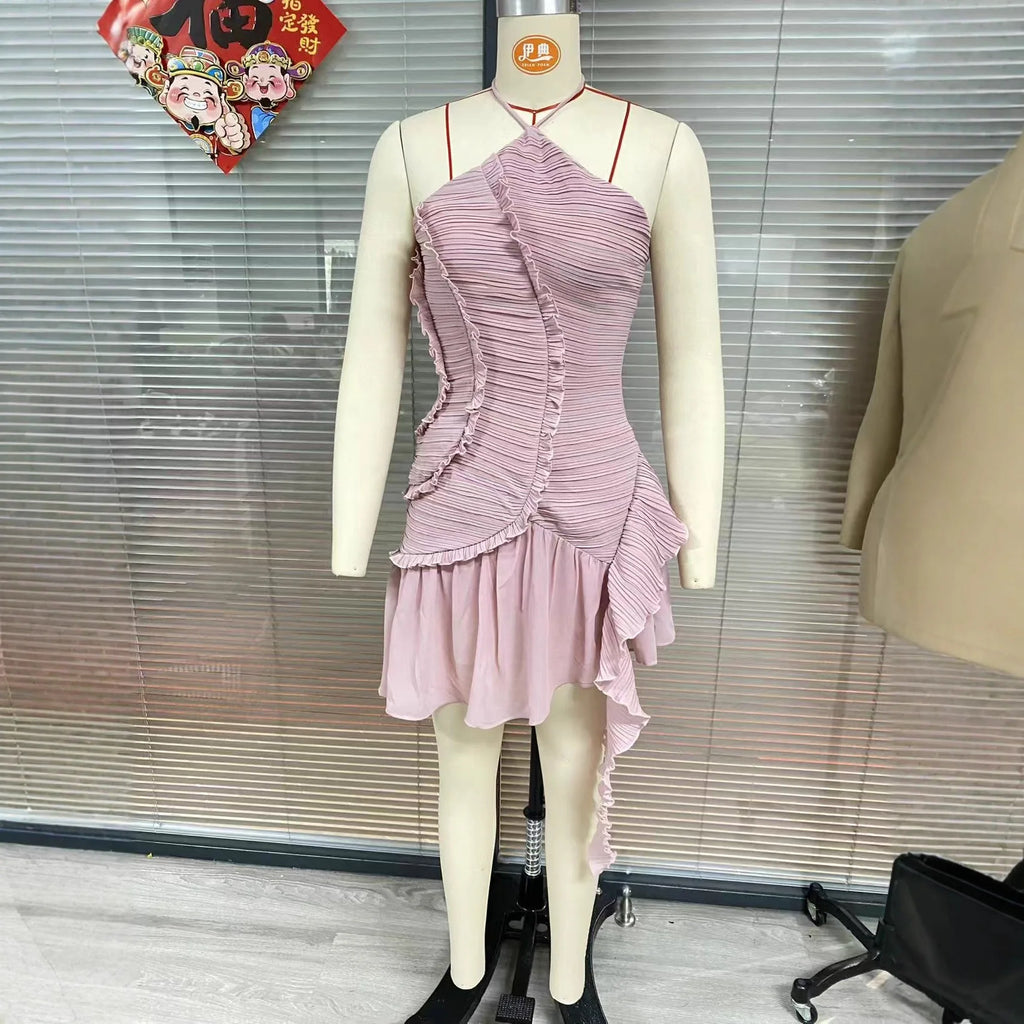 Giyu Sexy Evening Party Dresses Women Summer Halter Prom Gown Ruffles Lotus Edge Tiered Backless Robe Elegant Chiffon Long Dress