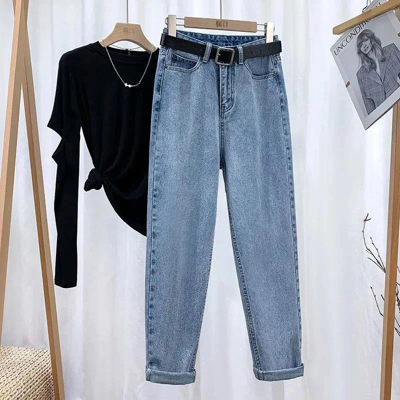 Women's Fce Lined High Waist Straight Leg Jeans Thiened Warm Nine Point Harlan Dad Pants Slimming Tapered Cuffed Ankle