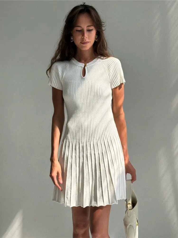 Ribbed Knitting A-line Short Dress Chic Elegant Slim Summer Dress 2025 Short Sleeve Round Neck Fashion New Dresses Vestidos