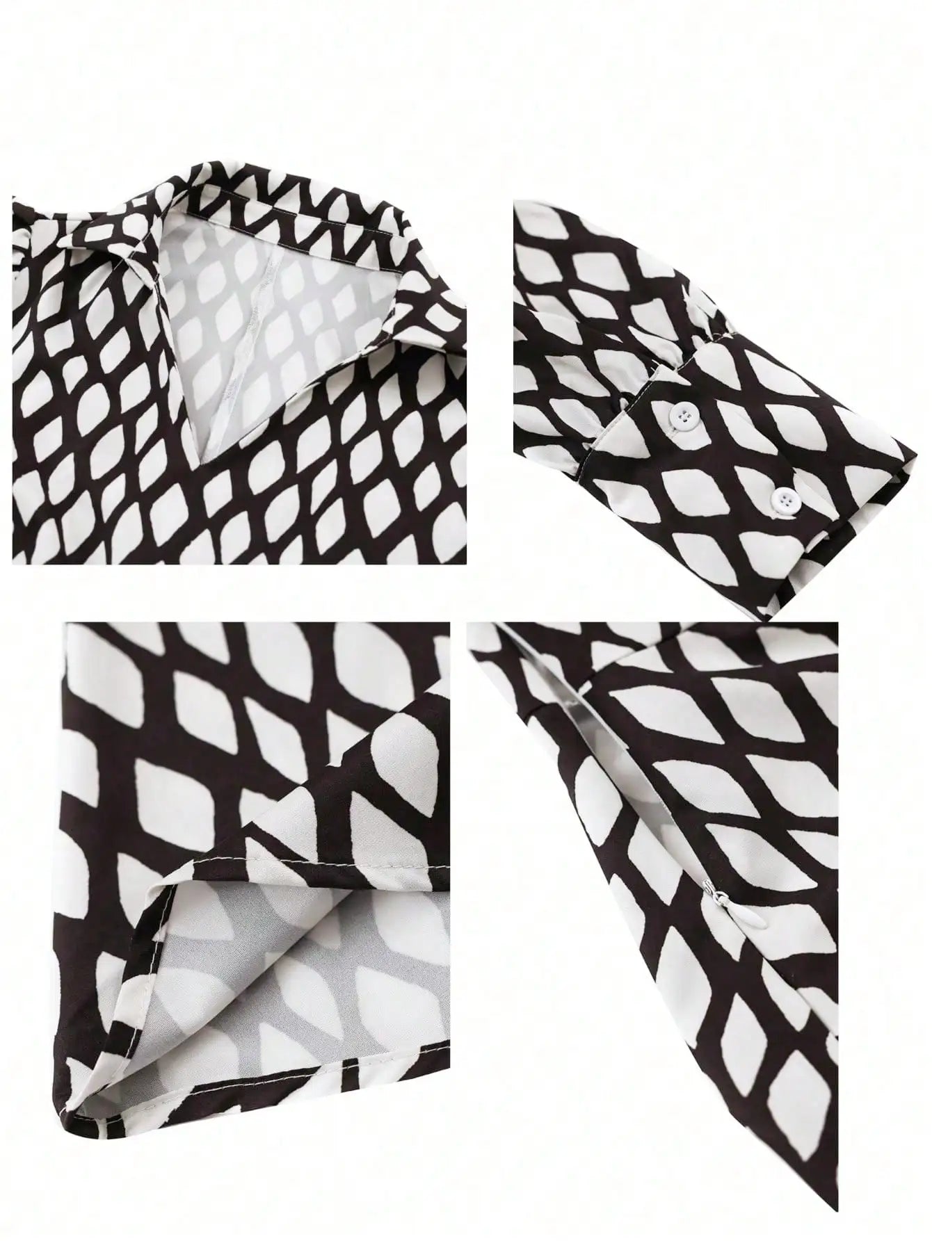 Women's V-Neck Long Sleeve Geometric Print Midi Dress, Elegant Casual Style