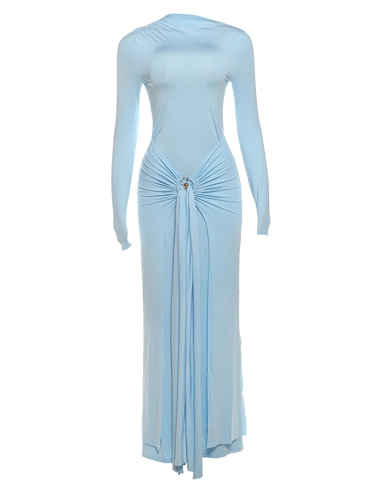 Weird Puss Ruched Elegant Maxi Dress Women Daily Casual Fashion Skinny Full Sleeve Solid Gown Midnight Prom Party Long Bodycon