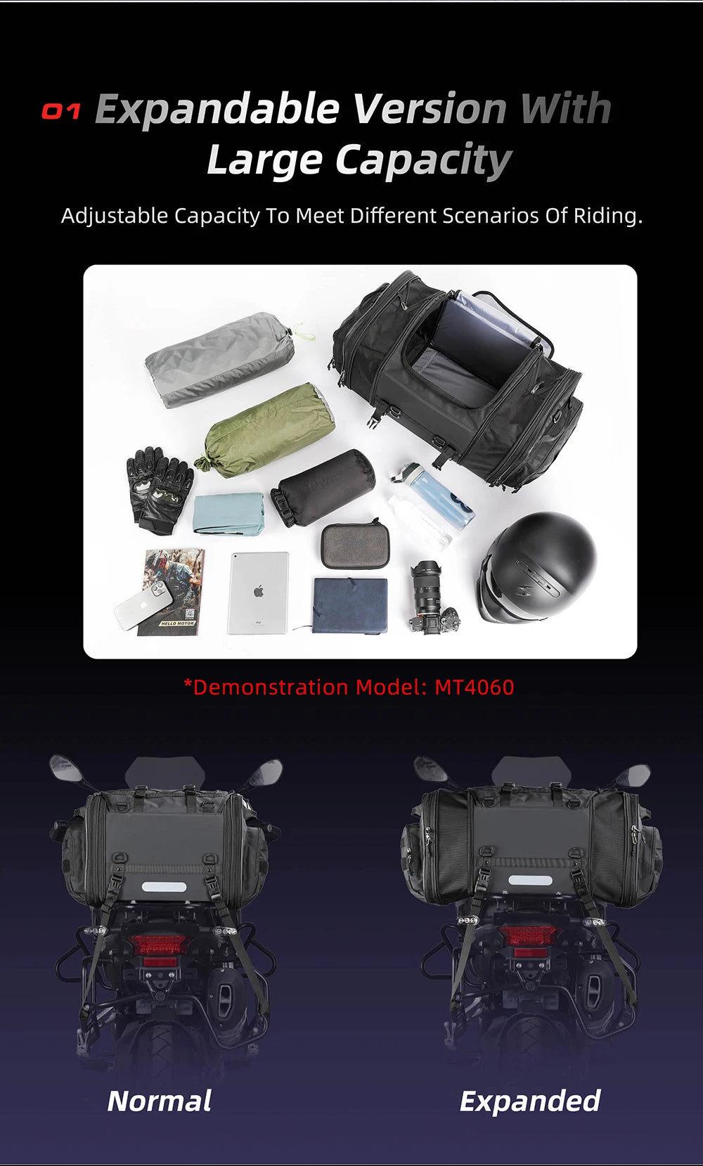 Rhinowalk Motorcycle Travel Luggage Bag Waterproof 19L-80L Expandable Big Capacity Motor Tail/Trunk/Rack Bag For Most motorcycle