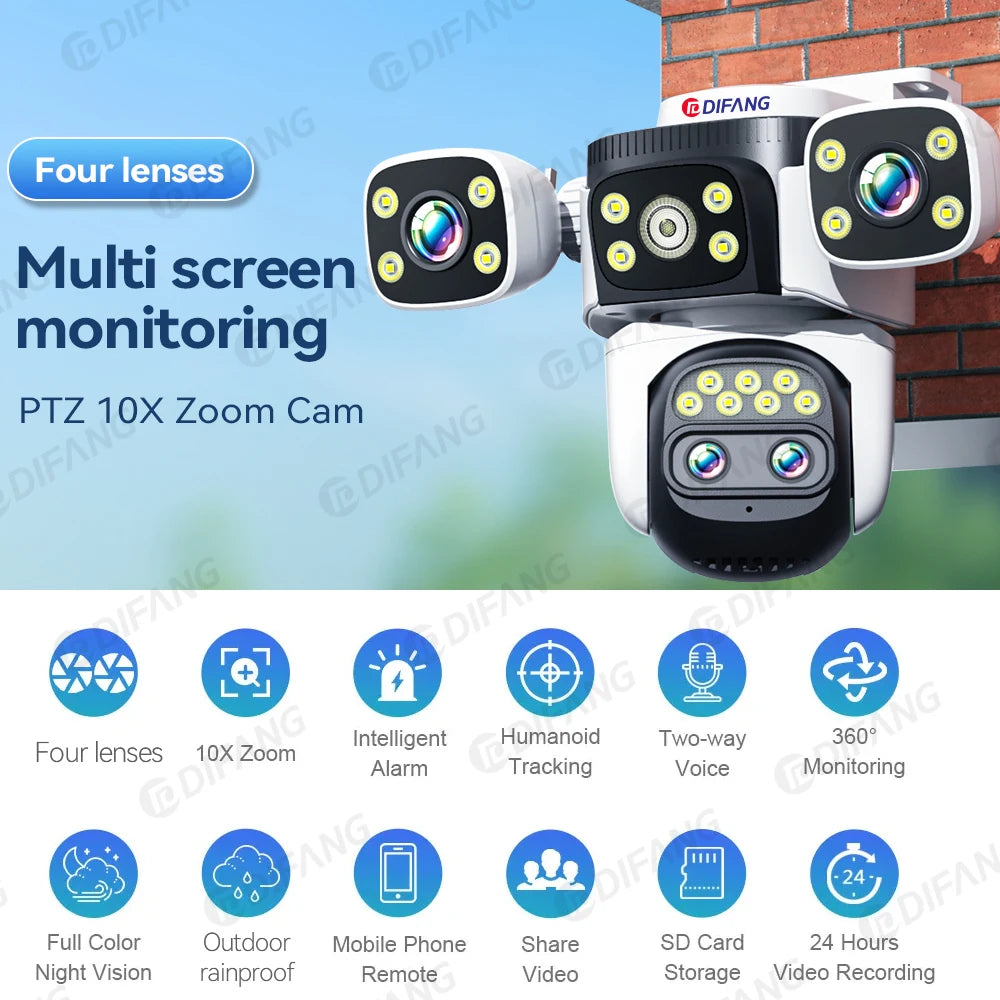 10K 20MP External IP Camera WiFi Surveillance Outdoor Four Lens PTZ 10X Optical Zoom CCTV Security Protection New