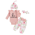 Baby Girls 4 Piece Outfit Letter Print Long Sleeves Romper and Floral Print Pants Headband Hat Set Cute Clothes