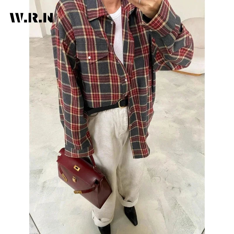Fashion Baggy Plaid Women'S Blouse Elegant Lapel Long Sleeve Shirts And Blouses Vintage Pocket Lace-Up Top Female 2025