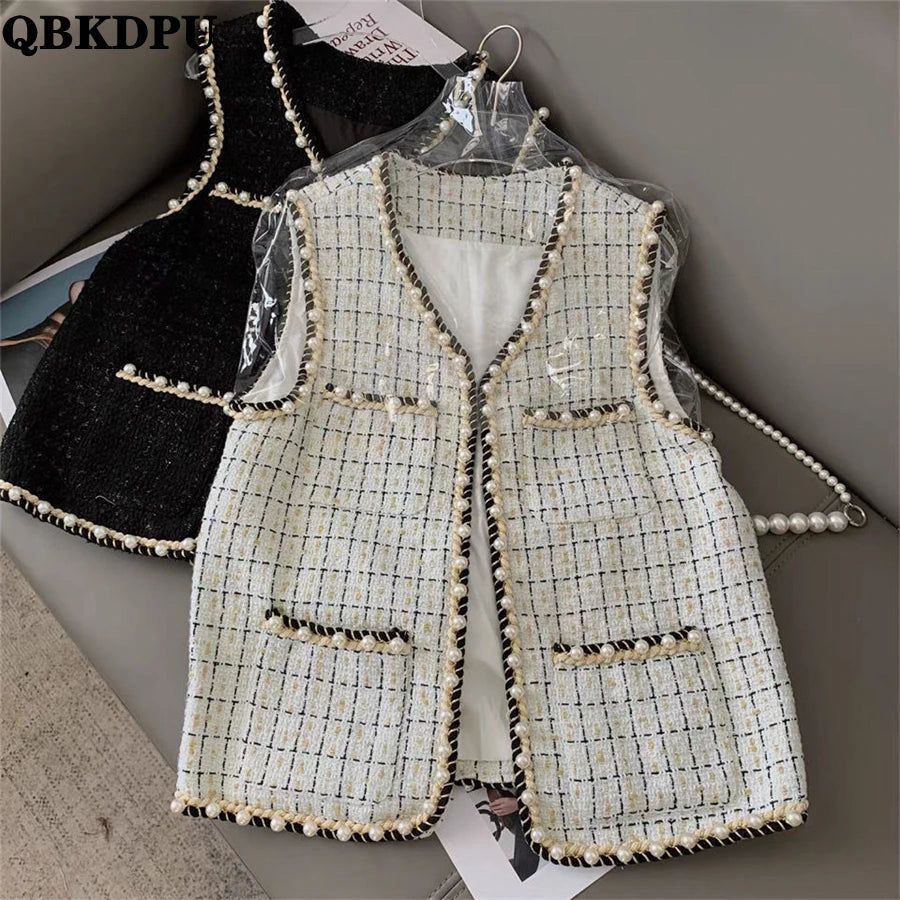 Women’s Tweed Plaid Vest – Wool-Blend Waistcoat with Pearl Buckle, Sleeveless Jacket (Vintage Korean Style, Spring/Fall)