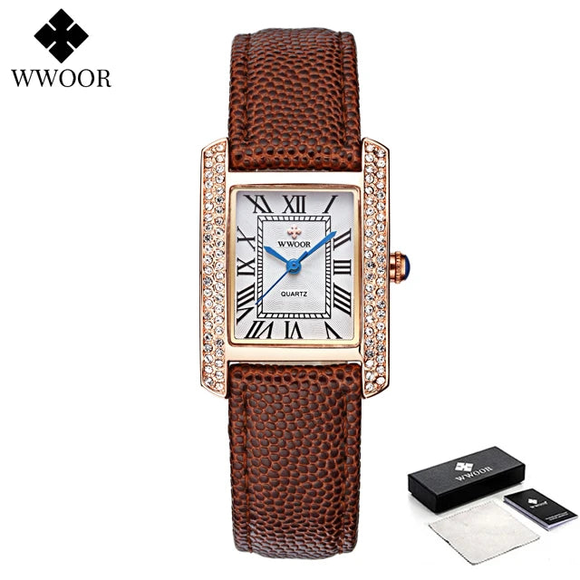 WWOOR Elegant Women's Watches Square Diamond Ladies Watch Waterproof Luxury Brand Leather Quartz Bracelet Watches Zegarek Damski