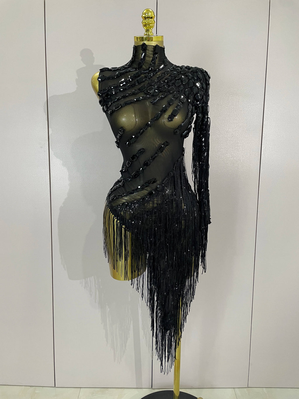 New Stage Costume Sparkly Rhinestones Tassel Sexy See-Through Dress Women One Shoulder Latin Dance Bars Nightclub Party Outfits