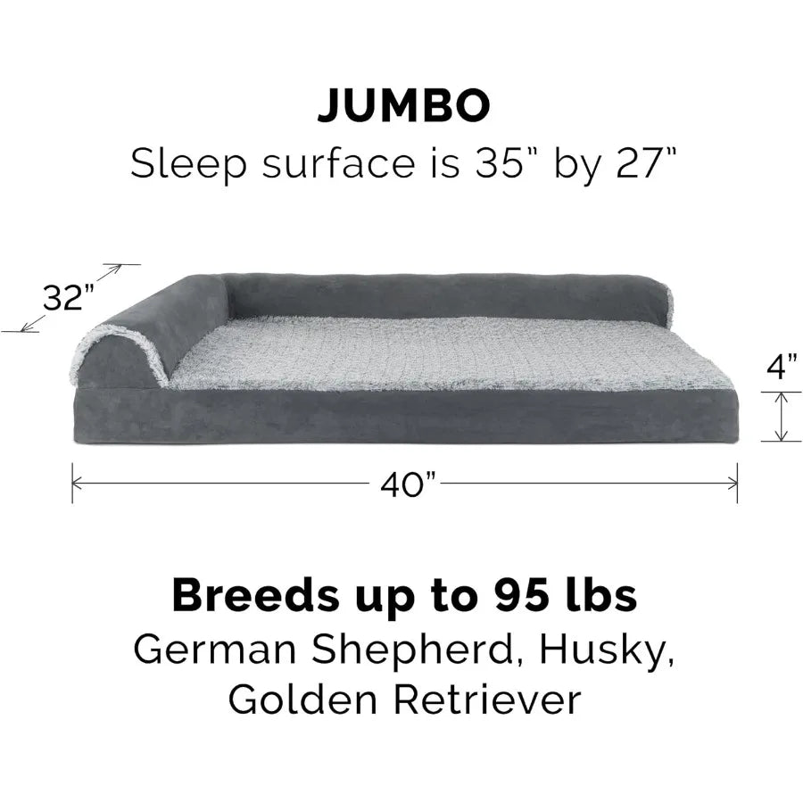 Orthopedic Dog Bed for Large Dogs w Removable Bolsters Washable Cover For Dogs Up to 95 lbs TwoTone Plush Faux Fur Suede L Shap