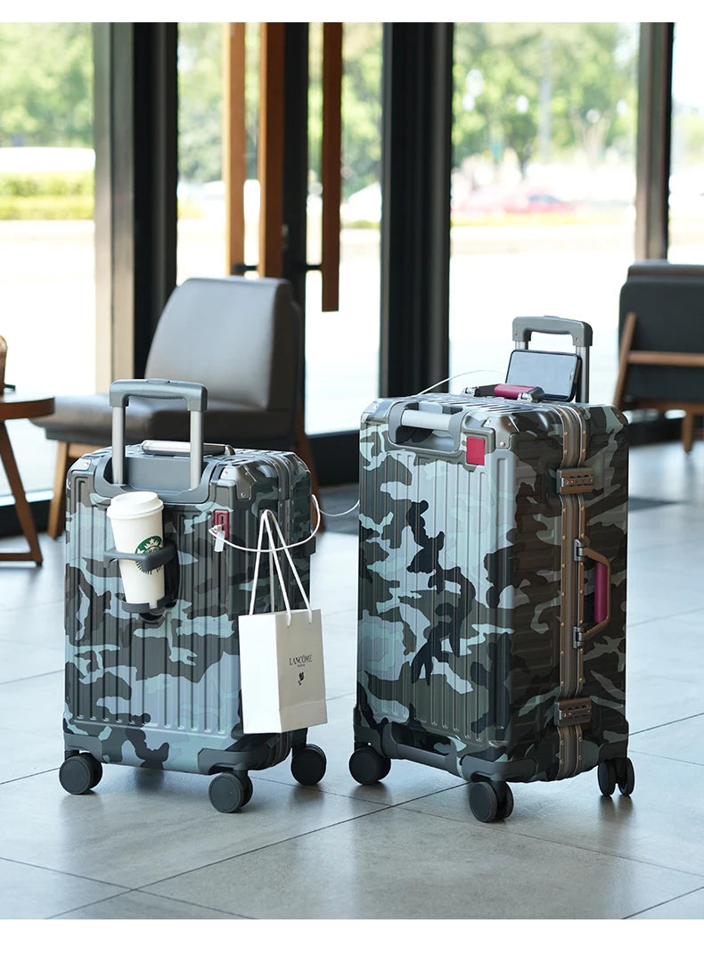 Suitcase Wide Handle Travel Suitcase Men 20 24 26 Carry-On Luggage Women PC Aluminum Frame Trolley Case