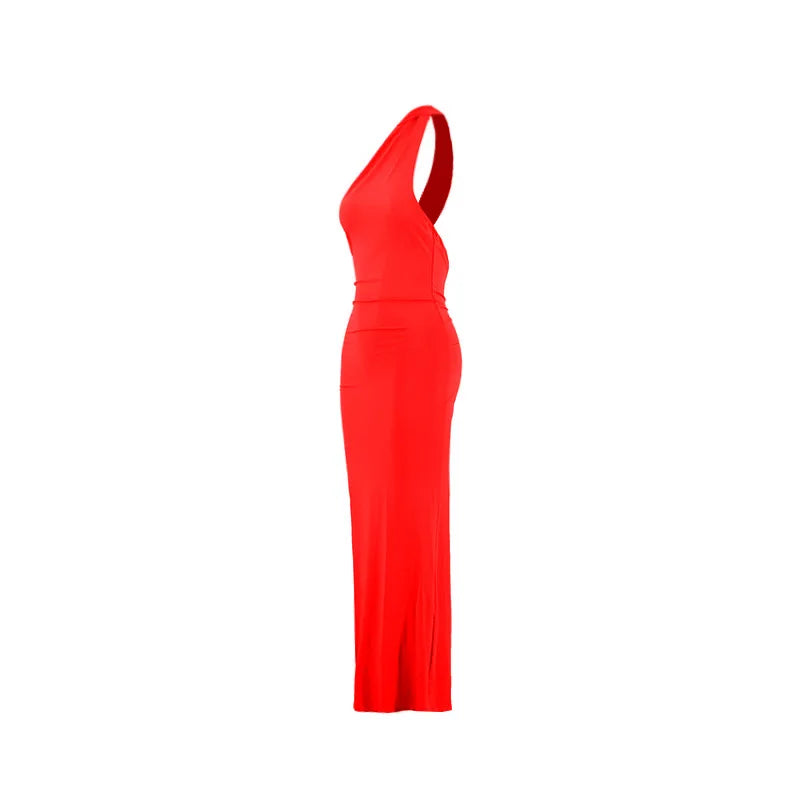 Women's One-Shoulder Sleeveless Maxi Dress Adjustable Scarf Loop Ruched Backless Bodycon Festival Party Outfit Elegant Long Gown