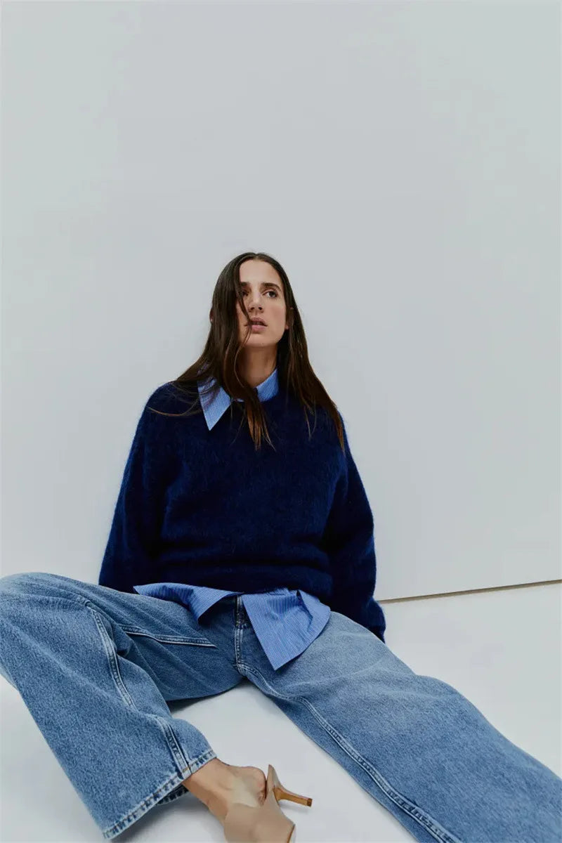 Women’s Oversized Fuzzy Knit Pullover – Solid Color Crewneck Sweater (Cozy “Lazy” Style)