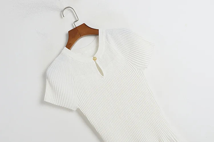 Ribbed Knitting A-line Short Dress Chic Elegant Slim Summer Dress 2025 Short Sleeve Round Neck Fashion New Dresses Vestidos
