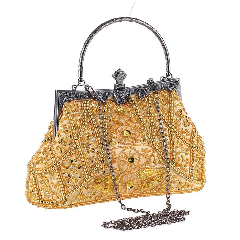 Lost in Vintage Clutch Handbag Beaded and Sequin Kiss-lock Closurer Shoulder Bag Crossbody Detachable ChainProm Evening Party