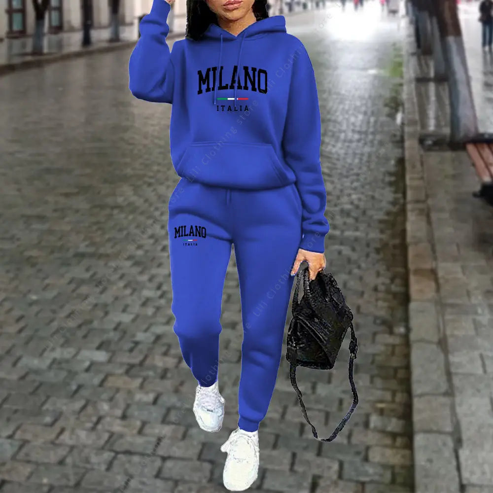 Women’s “MILANO” Letter Print Tracksuit – 2-Piece Hoodie & Pants Set, Casual Sportswear Outfit (Autumn/Winter 2025)