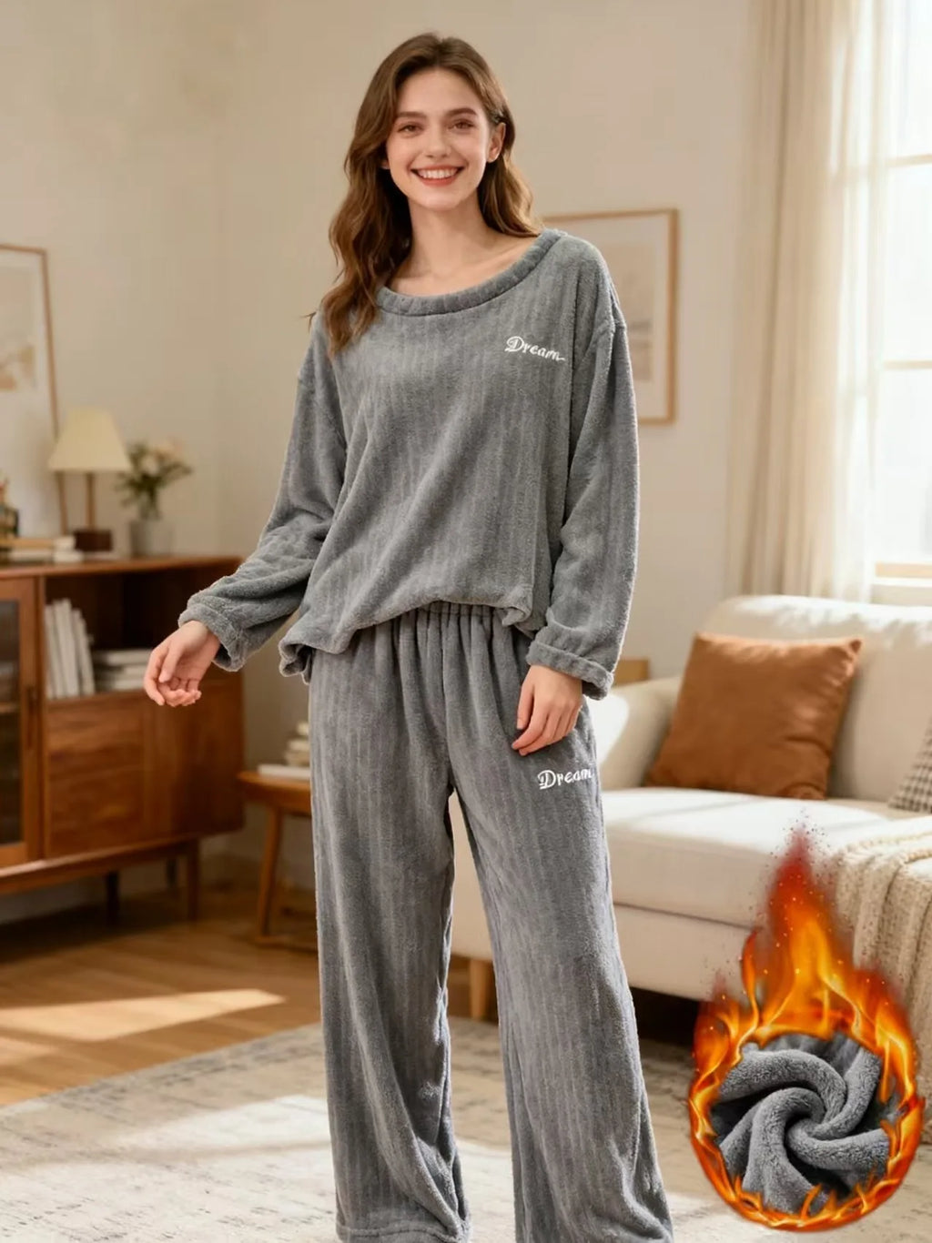 Women’s Fleece-Lined Winter Pajama Set – Warm Top & Ankle Pants