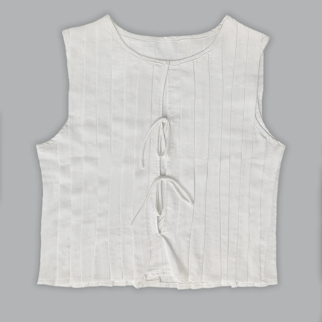 Linen Cotton Pleated Lace Up Sleeveless Short Shirt Blouse Women Slim Waist Crop Top Female Pleated Shirts 2024 New White