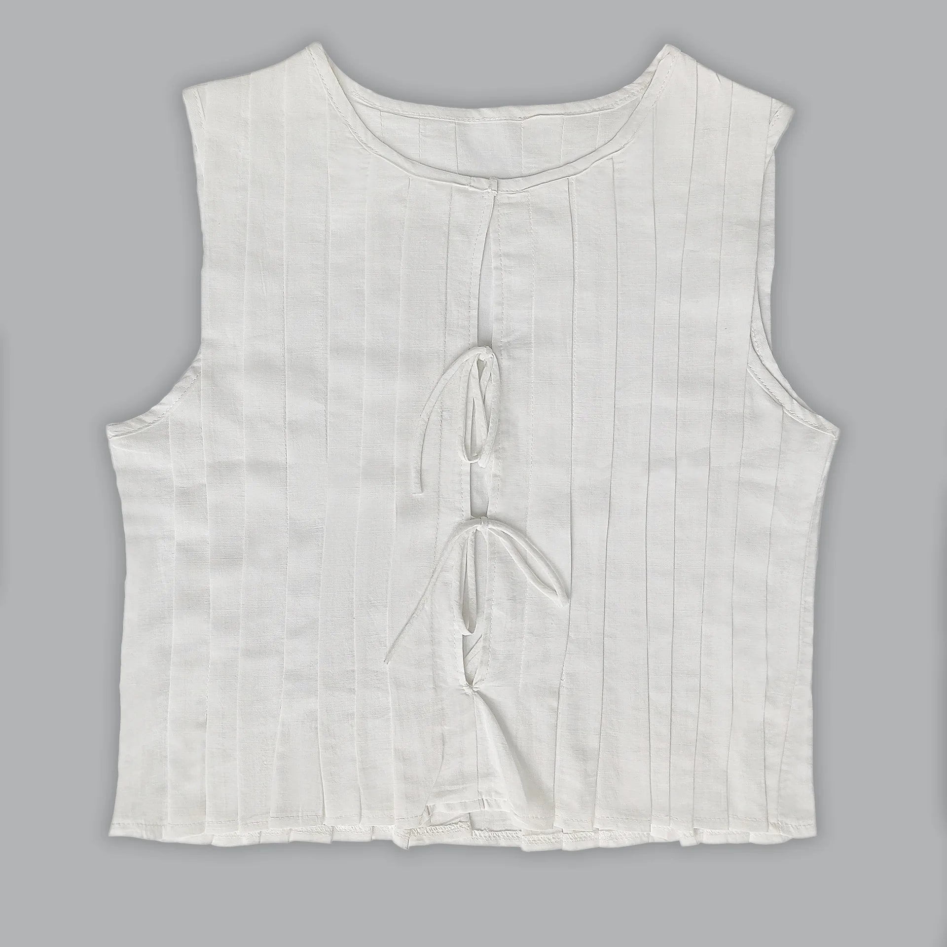 Linen Cotton Pleated Lace Up Sleeveless Short Shirt Blouse Women Slim Waist Crop Top Female Pleated Shirts 2024 New White