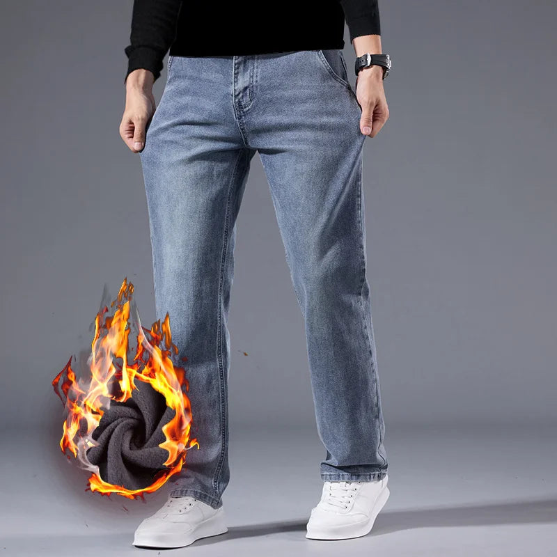 Men's Winter Warm Fleece Lined Thick Stretchable Business Casual Jeans Lightweight Trousers for Office And Daily Wear