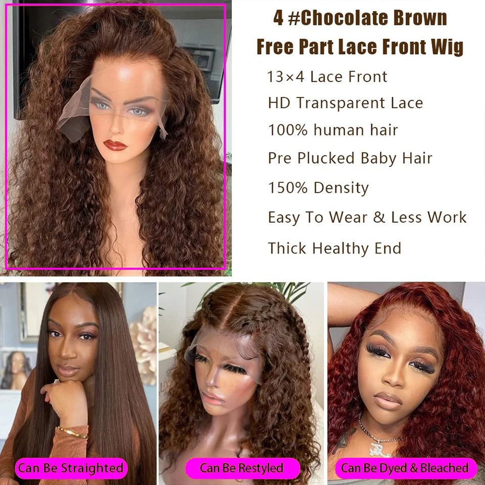HJ WEAVE BEAUTY Deep Curly HD Lace Frontal Wig | Chocolate Brown Human Hair