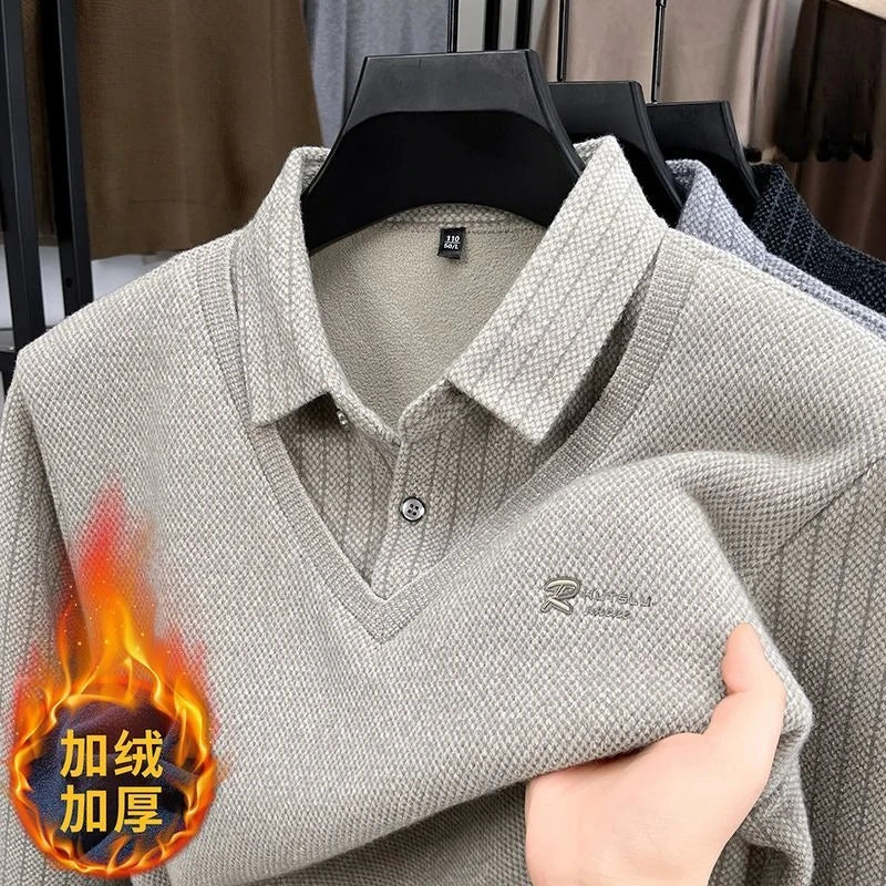 Men's Plush Sweater Autumn Winter Fashion Button Lapel Striped Pullovers Business Casual Fleece Lined Knitted Thickened Sweaters